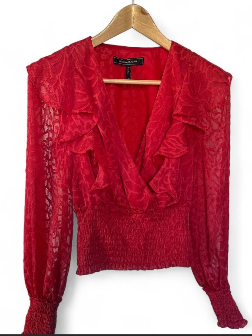 BCBGMaxAzria Red Ruffle V-Neck Blouse